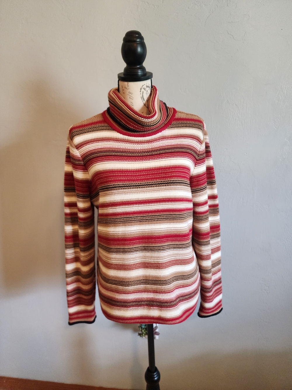 Talbots Vintage Striped Turtle Neck Sweater in Red, Cream & Brown